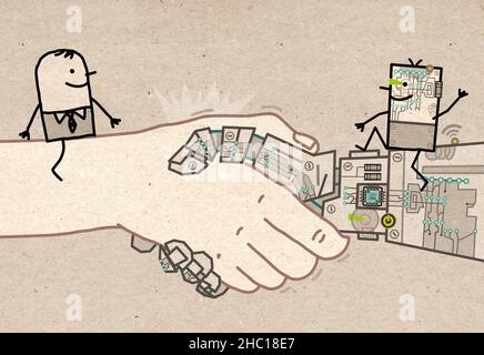 Un homme d'affaires et un robot de dessin animé sur une grande poignée de main Banque D'Images