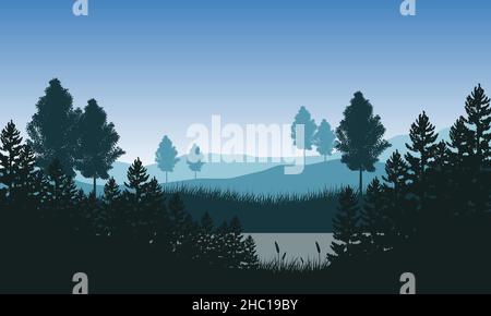 Vue fantastique sur les montagnes avec une silhouette de pins le matin depuis la rive de la rivière.Illustration vectorielle Illustration de Vecteur