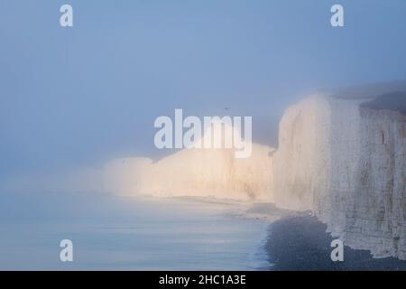 Décembre matin brouillard entrant au large de la mer et obscurcissant partiellement les falaises de craie blanche des sept sœurs de Birling Gap dans l'est du Sussex, au sud Banque D'Images