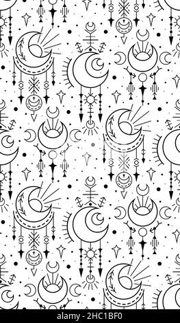 Motif ésotérique galaxie monochrome sans couture.Décorations sacrées de l'espace de contour noir.Texture magique vectorielle avec étoiles et points sur fond blanc.Sorcière Illustration de Vecteur