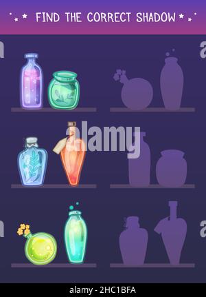 Trouvez l'ombre correcte.Modèle vectoriel pour les jeux préscolaires.Divertissement éducatif pour les enfants.Trouvez la silhouette idéale pour un groupe de bouteilles sur les étagères.Cartoo Illustration de Vecteur