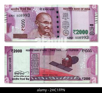 Monnaie de papier indienne de 2000 roupies note avant et arrière côté isolé sur fond blanc Banque D'Images