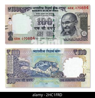 Indian 100 roupee papier monnaie ancienne note avant et arrière conception latérale isolée sur fond blanc Banque D'Images