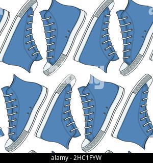 Motif sans coutures avec baskets et gumShoes bleus.Arrière-plan de couleur vectorielle. Illustration de Vecteur