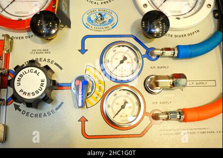 Système de commande d'air fixe pour la plongée.Tableau de bord, manomètres, soupapes, flexibles.Exposition armes et sécurité-2018.12 octobre 2018.Kiev Ukraine Banque D'Images