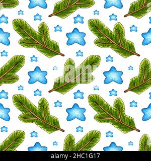 Motif aquarelle représentant des branches de sapin et des étoiles bleues.Éléments de décoration de Noël d'hiver.Convient à vos projets de cartes postales, d'impressions, de crique Banque D'Images