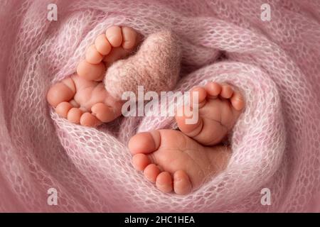 Pieds de nouveau-nés jumeaux.Deux paires de pieds bébé dans une couverture tricotée rose. Banque D'Images