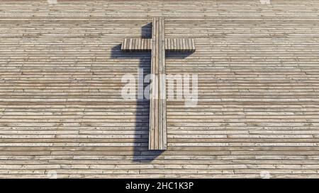 Concept ou croix conceptuelle sur fond de bois naturel ou de texture en bois. métaphore de l'illustration 3d pour Dieu, Christ, Christianisme, religieux, foi Banque D'Images