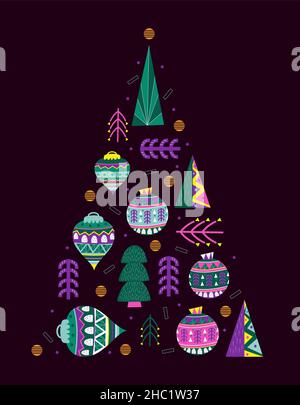 Vecteur de carte d'invitation de Noël tendance.Sapin de Noël avec boules de Noël de style géométrique dessiné à la main.Motif fête de Noël. Illustration de Vecteur