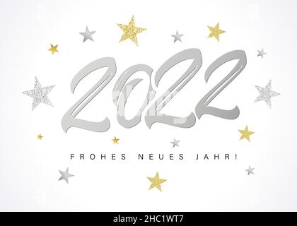 Frohes Neues Jahr 2022 logo argent texte design et étoiles.Texte allemand Frohes Neues Jahr, Translate Bonne Année.Illustration vectorielle avec nombres Illustration de Vecteur