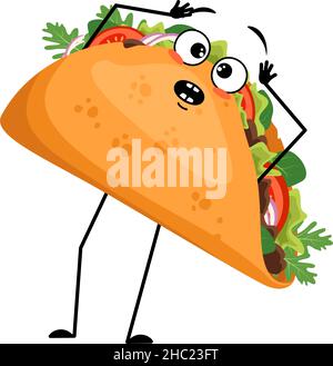 Le taco mexicain de caractère mignon avec des émotions dans la panique saisit sa tête, le visage surpris, les yeux choqués, les bras et les jambes.Fast food personne avec expression effrayée, sandwich avec pain plat. Illustration de Vecteur