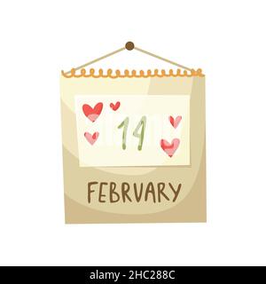 Illustration vectorielle du calendrier sur la page de février 14.Saint-Valentin. Illustration de Vecteur