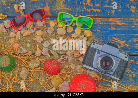 Coques de mer sur fond bleu.Temps de voyage en été.Fond de vacances de mer avec divers coquillages, lunettes de soleil et appareil photo vintage.Place pour votre texte Banque D'Images