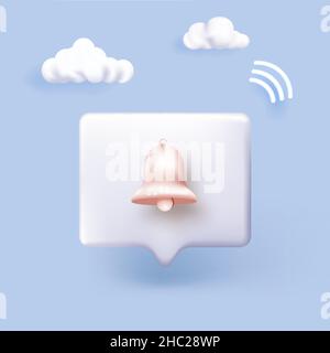 Sonnerie de notification.3d affiche la sonnerie avec une nouvelle notification pour le rappel sur les réseaux sociaux. Illustration de Vecteur