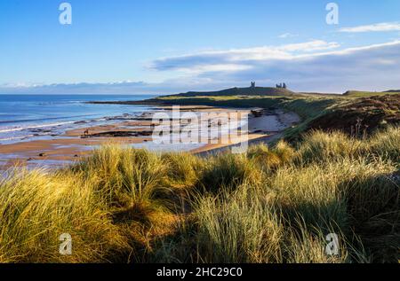 Château de Dunstanburgh Northumberland Angleterre depuis les dunes de la baie d'Embleton côte de Northumberland Angleterre GB Royaume-Uni Europe Banque D'Images