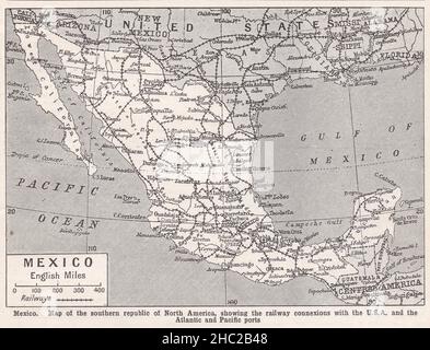 Carte d'époque du Mexique, sud de la république d'Amérique du Nord, montrant les liaisons ferroviaires avec les États-Unis et les ports de l'Atlantique et du Pacifique 1930s. Banque D'Images