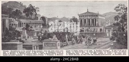 Illustration vintage de l'Olympie - reconstruction de l'ancien sanctuaire grec où les grands jeux ont eu lieu 1930s. Banque D'Images