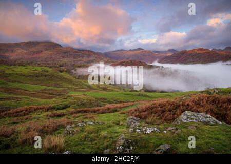 Brume matinale au-dessus de Little Langdale. Banque D'Images