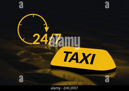 Symbole de taxi lumineux près de l'inscription 24 7 sur fond sombre.Heures de travail du transport urbain de passagers.Service 24 heures sur 24.Calendrier de transpo Banque D'Images