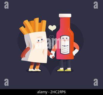 Parfait couple -motifs de la Saint-Valentin.Illustration moderne du concept de vecteur plat - pommes de terre frites et bouteille de ketchup amoureux, tenant leur han Illustration de Vecteur