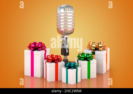 Microphone studio avec cadeaux, rendu 3D isolé sur fond orange Banque D'Images