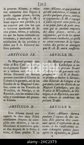 Traité de Versailles (9 mars 1701).Alliance entre la France et la Bavière, à laquelle l'Espagne a adhéré le 7 avril 1701.Le roi français Louis XIV et Philippe V d'Espagne, d'une part, ont fait une alliance avec l'électeur de Bavière, Maximilian II Emanuel, à la veille de la guerre de succession d'Espagne.L'électeur de Bavière accorderait son soutien politique et militaire à la coalition franco-espagnole dans la guerre à venir, en échange de la cession en sa faveur des pays-Bas espagnols.Acte de ratification et d'adhésion du roi Philippe V au traité d'alliance conclu par l'électeur de Bavari Banque D'Images