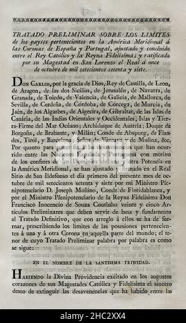 Premier traité de San Ildefonso (1 octobre 1777).Traité préliminaire sur les limites territoriales de l'Espagne et du Portugal en Amérique du Sud.La couronne portugaise a cédé à l'Espagne la moitié sud de l'Uruguay d'aujourd'hui, y compris Colonia del Sacramento.Aussi les îles d'Annobón et Fernando Poo dans les eaux guinéennes.La Couronne espagnole a accepté le retrait de l'île Santa Catarina, sur la côte brésilienne.Convenu et conclu par le roi Charles III d'Espagne et la reine Maria I du Portugal.Ratifié par le Roi à San Lorenzo de El Escorial le 11 octobre de cette année.Collection des traités de Peac Banque D'Images