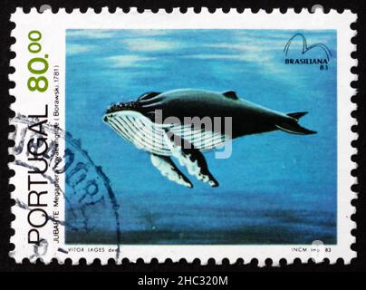 PORTUGAL - VERS 1983 : un timbre imprimé au Portugal montre la baleine à bosse, Megaptera novaeangliae, Baleen Whale, un mammifère de mer en voie de disparition, vers 1983 Banque D'Images