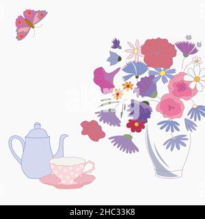 Temps de thé avec théière, tasse, bouquet de fleurs, papillon.Copier l'espace. Illustration de Vecteur