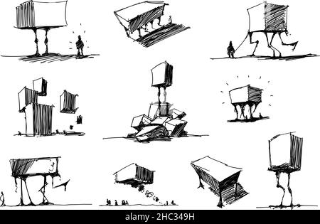 beaucoup de dessins architecturaux dessinés à la main d'une architecture moderne abstraite fantastique et des crétures Banque D'Images