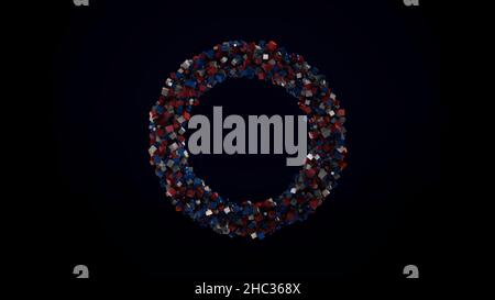 Petites particules colorées volantes isolées sur fond noir et formant un cercle.Anneau abstrait formé de minuscules pyramides et cubes. Banque D'Images