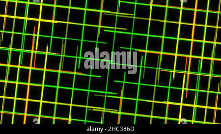 Nombreuses lignes fluides étroites et colorées.Résumé quatre fragments rotatifs avec de nombreux faisceaux croisés colorés isolés sur fond noir, boucle sans couture. Banque D'Images