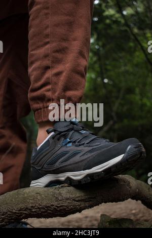 Homme tenant sa chaussure de randonnée sur une branche au milieu d'une forêt Banque D'Images