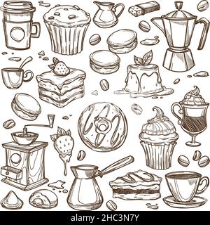 Café et desserts, gâteaux et pâtisseries sucrées Illustration de Vecteur