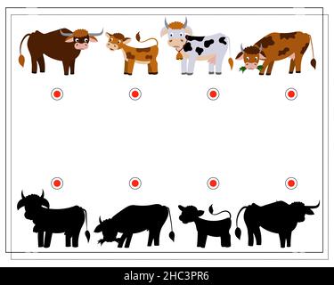 Le jeu logique des enfants trouve l'ombre droite.Vache, taureau, veau.Vecteur isolé sur fond blanc Illustration de Vecteur