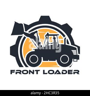 Logo représentant une silhouette de machinerie lourde avec l'opérateur conduisant un chargeur frontal Illustration de Vecteur