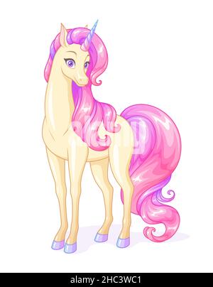 Belle licorne avec longue queue et manne rose.Illustration vectorielle. Illustration de Vecteur
