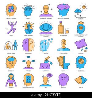 Icône de maladie mentale en style de ligne.Collection de symboles problèmes et troubles psychologiques.Illustration vectorielle. Illustration de Vecteur