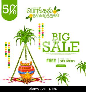 Happy Pongal Festival offre Vente fond modèle Design avec 50% de réduction - Big Pongal offre Design fond et Happy Pongal traduire Tamil te Illustration de Vecteur
