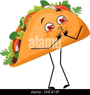 Mignon caractère mexicain taco avec des émotions d'amour, visage de sourire, bras et jambes.Personne de restauration rapide gaie, sandwich avec pain plat. Illustration de Vecteur