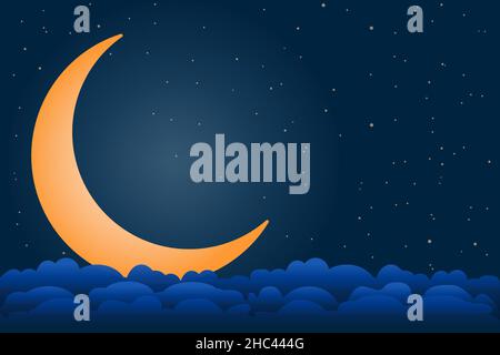 Demi-lune, étoiles et nuages à minuit.Fond ciel nocturne.Lune en croissant et ciel étoilé.Nuit de Noël.Poster de Kareem de Ramadan.vecteur Illustration de Vecteur