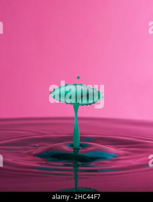 Gros plan de la collision des gouttes d'eau vertes sur un fond rose.Projection d'eau sur la surface. Banque D'Images