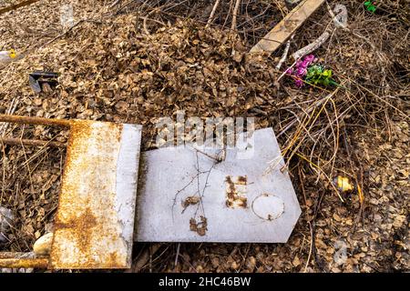 la pierre d'amont en métal rouillé se trouve parmi d'autres déchets dans un tas de feuilles sèches tombées, foyer sélectif Banque D'Images