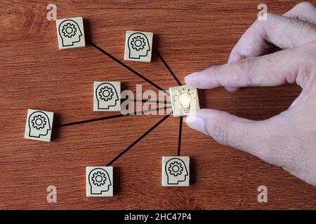 Pensée créative et concept de brainstorming.Cube en bois avec ampoule lumineuse et icône de réflexion. Banque D'Images