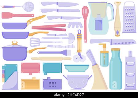 Un ensemble d'appareils de cuisine pour la cuisson, ustensiles de cuisine, couteaux, cruches, planches à découper,casseroles et louches, bols, râpe, passoire et autres éléments i Illustration de Vecteur