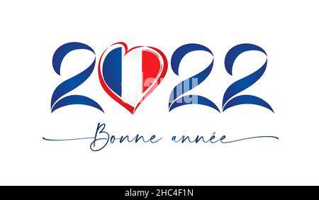 2022 amour France, Bonne Année.Bonne annee texte français - bonne année avec emblème du drapeau en coeur.Carte de vœux Frenchy avec chiffres et texte Illustration de Vecteur