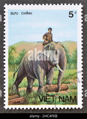 Timbre-poste annulé imprimé par le Vietnam, qui montre l'éléphant d'Asie (Elepha maximus), vers 1986. Banque D'Images