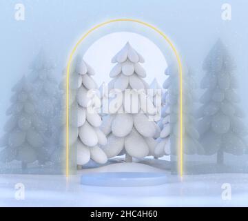 Paysage hivernal recouvert de neige avec un podium et des arbres derrière des glaces dépolies.Arche dorée sur le piédestal.3D rendu. Banque D'Images