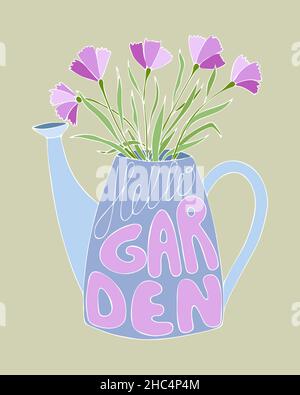 Hello Garden, bouquet de printemps, arrosoir de jardin et fleurs roses, lettrage Hello Garden.Contour blanc.Carte postale, bannière, circulaire.Illustration vectorielle Illustration de Vecteur
