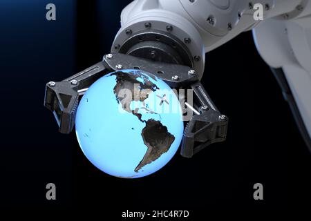 Bras robotique haute technologie tenant un globe avec satellite en orbite dans sa poignée.3d illustration Banque D'Images